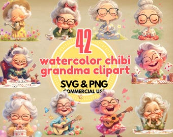 Può includere: Un set di 42 immagini clipart ad acquerello con simpatiche nonne dei cartoni animati in varie pose. Le nonne indossano abiti colorati e hanno diversi stili di capelli. Le immagini sono perfette per lo scrapbooking, la creazione di biglietti e altri progetti di artigianato.
