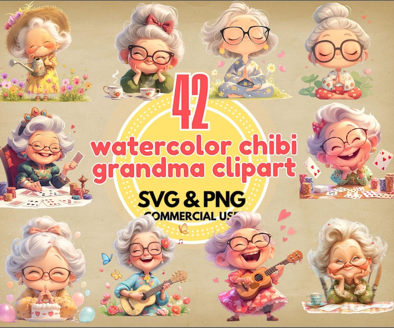 Cute Grandma PNG and SVG Watercolor Clipart Bundle Cozy Granny ...
