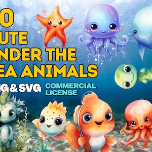 Lot de cliparts aquarelle bébé animaux marins téléchargement numérique png svg jolies créatures de l'océan décoration de chambre d'enfant sous l'ensemble d'art de la mer