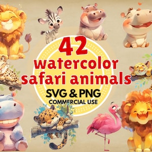 watercolor safari animal clipart bundle 42 png svg hand painted jungle animals digital download for kids nursery wall art crafts