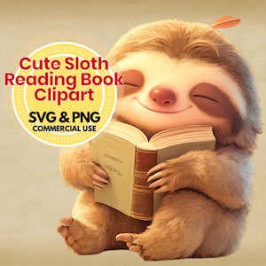 Clipart de perezoso para amantes de los libros, perezoso lector, PNG, SVG, descarga digital, gráfico animal acogedor para manualidades, sublimación de Cricut