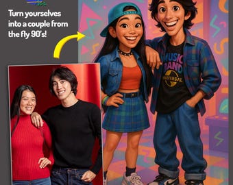 May include: An illustration of a couple in 90s-style clothing, with a before and after comparison. The text reads "Turn yourselves into a couple from the fly 90's!" The illustration features a woman in a denim jacket and plaid skirt, and a man in a plaid shirt.
