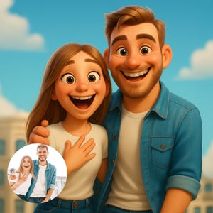 Retrato de pareja personalizado estilo Pixar, descarga digital, ilustración de dibujos animados personalizada a partir de una foto, regalo de aniversario único.