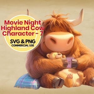 highland cow svg movie night clipart png digital download for cricut and sublimation crafts