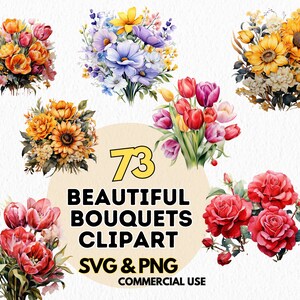 conjunto de clipart de flores em aquarela png svg download digital ilustrações de buquês de flores para uso comercial