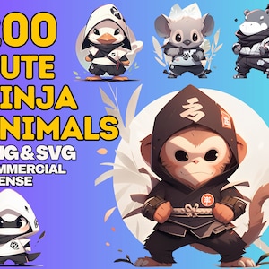 Bundle de cliparts animaux ninja téléchargement numérique svg png illustrations d'animaux mignons pour travaux manuels t shirts tasses usage commercial