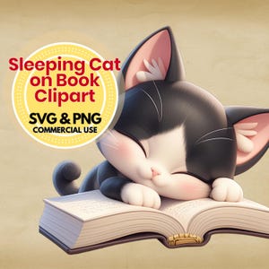 cat book svg clipart, cozy black and white sleeping cat on book, digital art for book lovers, png for cricut crafts, instant download