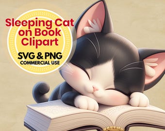 cat book svg clipart, cozy black and white sleeping cat on book, digital art for book lovers, png for cricut crafts, instant download