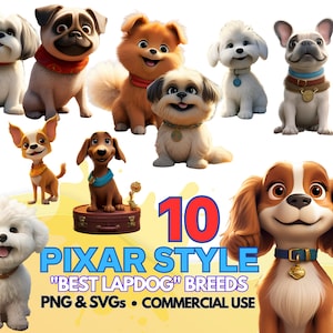 dog clipart bundle, pixar style puppy svg and png, 10 cute dog breeds digital download, cartoon pet clip art, commercial use