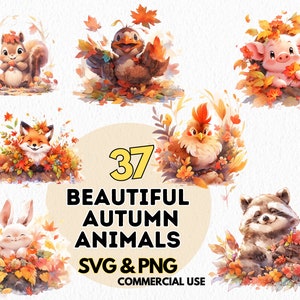 watercolor fall animals clipart bundle 37 png svg cute autumn animal illustrations for crafts nursery decor commercial use digital download