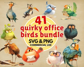 eigenzinnige kantoor vogel clipart bundel grillige png svg digitale vogels voor planners ambachten sublimatie stickers commercieel gebruik