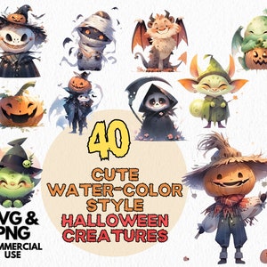 halloween watercolor clipart set digital download png svg cute ghost cat pumpkin black cat illustrations