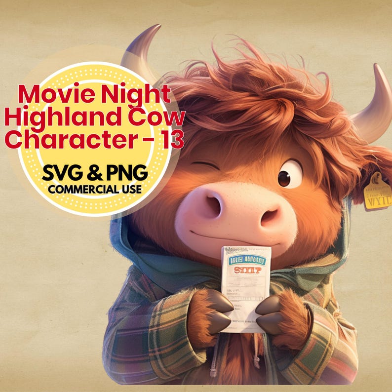 Cow Tickent R Movie Night Highland Cow Clipart, SVG PNG Files (digital Download ...