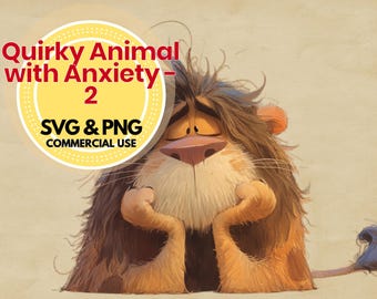 May include: A cartoon lion with a worried expression, resting its chin on its paws. The lion has a brown mane and a light orange body. Text in a yellow circle reads "Quirky Animal with Anxiety - 2" and "SVG & PNG COMMERCIAL USE."