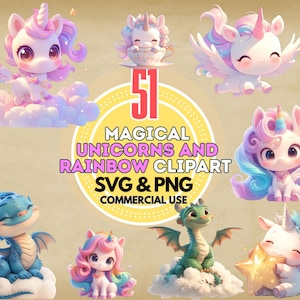 unicorn and rainbow clipart bundle digital download – 51 magical watercolor png svg images for crafts invitations decor