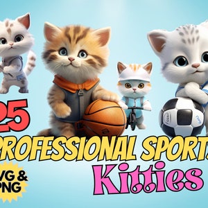 kitten sports clipart bundle digital download png svg set cute athletic cats for sublimation crafts scrapbooking commercial use