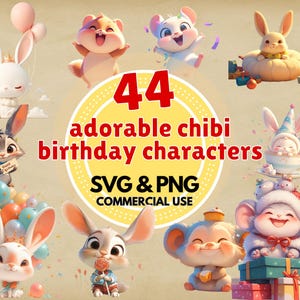 Bundle de cliparts anniversaire chibi png svg en téléchargement numérique, graphismes de fête kawaii mignons pour invitations autocollants cricut scrapbooking artisanat