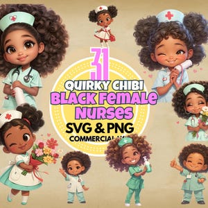 ちびナースクリップアートバンドル、黒人ナースのイラスト、デジタルダウンロード、ナース、SVG、PNG、ヘルスケアグラフィック