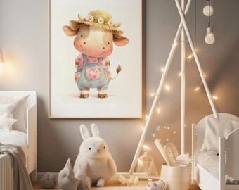 watercolor cow nursery print digital download baby animal wall art cartoon calf in floral overalls farmhouse kids decor