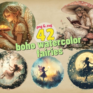 boho fairy watercolor clipart set pink mystical png svg digital download fantasy fairy art for crafts invitations decor
