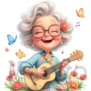 oma clipart digitale download vrolijke gitaar illustratie bloemen vlinder doe-het-zelf knutselen png svg jpg dxf