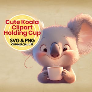 Koala, café y té, clipart, lindo animal de acuarela, PNG/SVG, descarga digital para manualidades, tazas, arte de pared para guardería, invitaciones