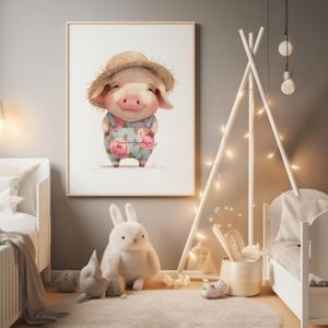 baby animal nursery wall art print, watercolor pig digital download, kids room decor, printable farmhouse art, cute pig illustration