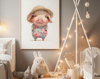 Impresión de cerdito bebé en acuarela: Decoración rústica para habitación infantil (descarga digital)