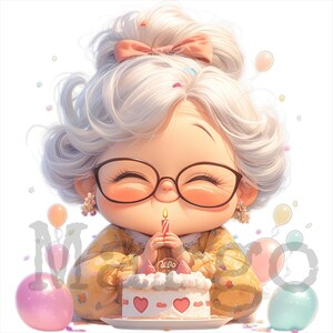 Clipart de cumpleaños de abuela, descarga digital, linda abuela con pastel, SVG, PNG, JPG, DXF para invitaciones, tarjetas y manualidades.
