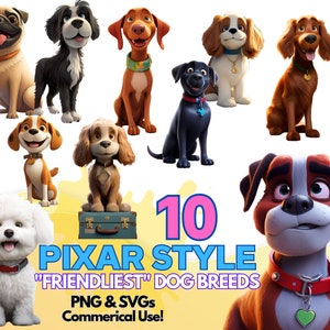 Bundle de chien clipart style pixar races png svg téléchargement numérique usage commercial dessin animé mignon animaux de compagnie illustrations