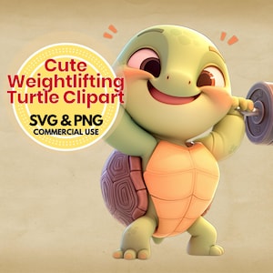 Op de afbeelding: Een schattige groene schildpad met een brede glimlach tilt een halterstang op. De schildpad draagt ​​een gele schild met een bruin patroon. De achtergrond is lichtbruin.