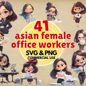 Aziatische kantoor vrouw clipart set bedrijf vrouw illustraties voor planners presentaties sociale media svg png digitale download