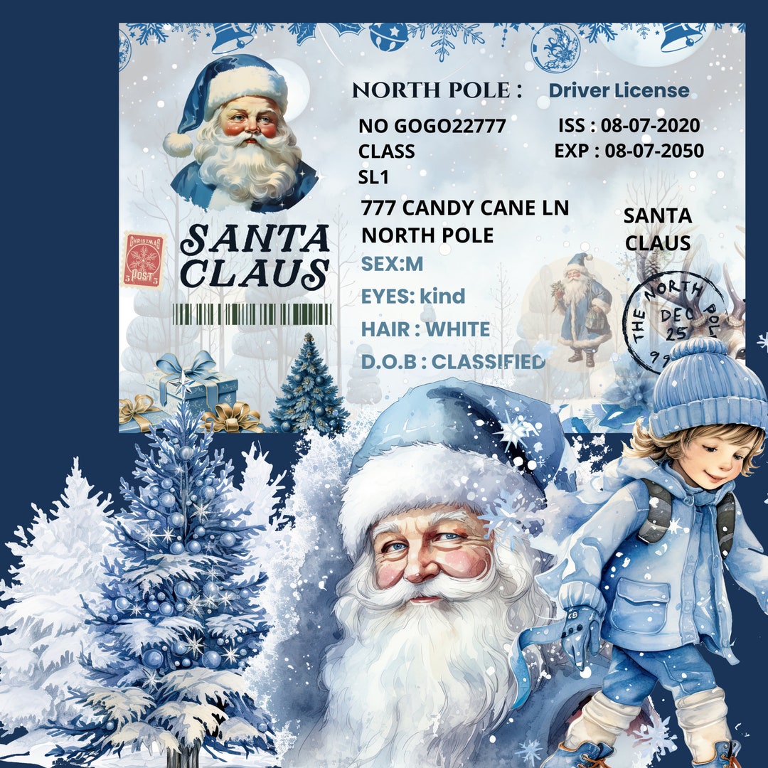 Printable Santa Claus License, Sublimation Designs, Christmas Canva