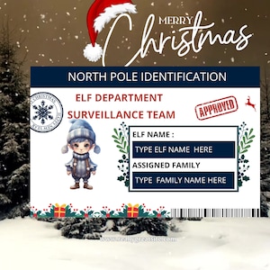 Elf ID-kaart afdrukbare sjabloon - Mini Elf licentiebadge - surveillanceteam - Santa licentie - Noordpool - Instant DOWNLOAD - BEWERKBARE namen