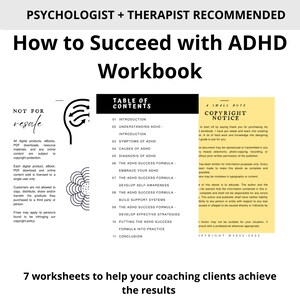 May include: A workbook titled "How to Succeed with ADHD Workbook" with a table of contents listing 11 chapters. The cover features a black and white illustration of a brain with arrows circling it. The text "NOT FOR RESALE" is in a red box at the top left corner of the cover.