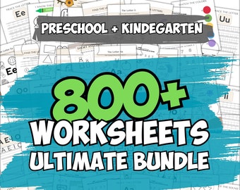 Pacchetto apprendimento prescolare + scuola materna / +800 pagine / Fogli di lavoro per attività stampabili / Colorazione / Unisci i punti / Tracciare / Alfabeto