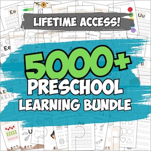 5000+ Preschool Pre-K + Kindergarten Learning Bundle, Activity Worksheets, Alphabet, Numbers, Shapes, Colors, Coloring pages, Do a Dot