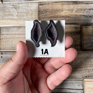 May include: Two geode earrings with a dark purple interior and a dark green and brown exterior are displayed on a white card. The card has the number "1A" printed on it. The earrings are held in a person's hand.