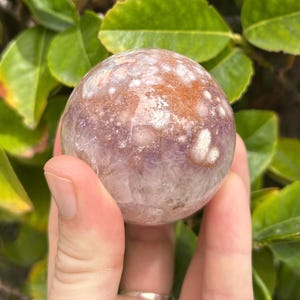 May include: A polished crystal sphere with a mix of purple, white, and brown hues. The sphere is held in a hand, with green foliage in the background. The crystal ball is a decorative item.