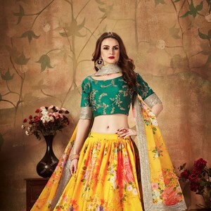 Floral Designer yellow green Lehenga Choli with Embroidery work lehenga choli Designer Wedding Party Wear USA UK
