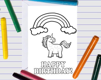 Biglietto d'auguri stampabile, carta unicorno per bambini, stampa fai da te e colore