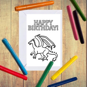AFDRUKBARE Dragon Verjaardagskaart, Kleur je eigen kaart voor kinderen, DIY Print & Color