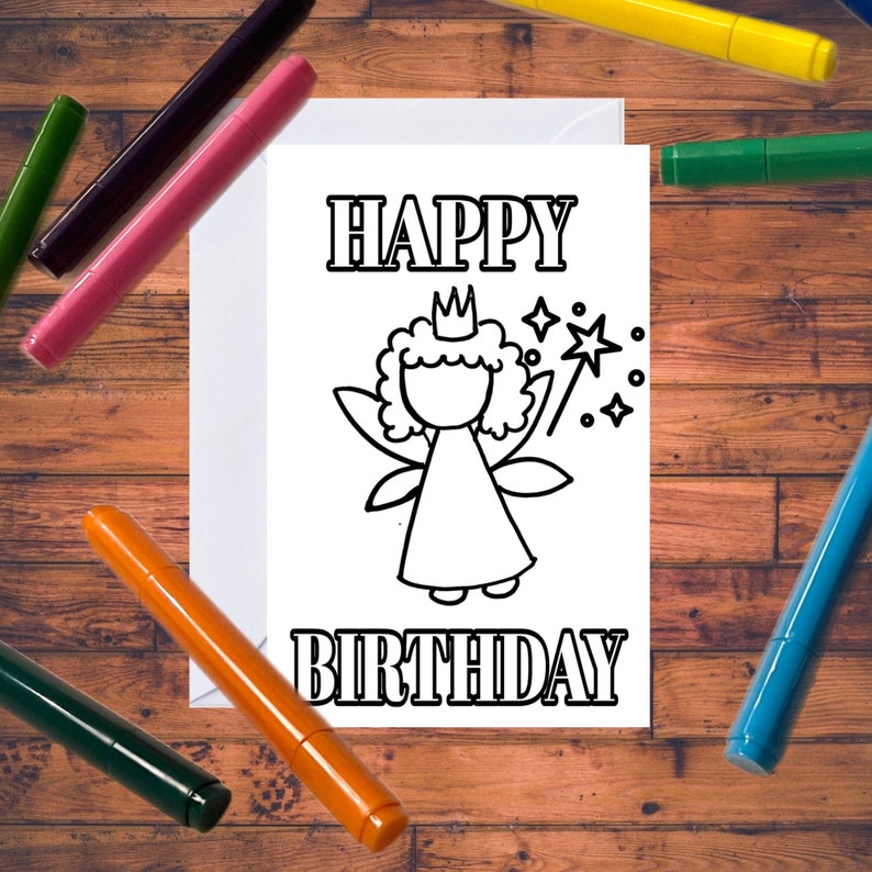 PRINTABLE Fairy Birthday Card, Color Your Own Card for Kids, DIY Print