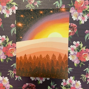 Red Forest with Sunset and Night Sky Greeting Card with Sentiment