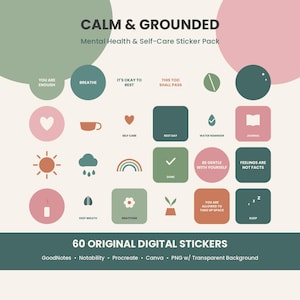 Può includere: Un set di adesivi digitali intitolato CALM & GROUNDED Mental Health & Self-Care Sticker Pack con 60 adesivi originali in tonalità tenui di verde, rosa e terracotta. Le icone includono cuori, soli, nuvole e testi come BREATHE.