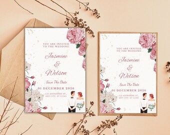 Red Floral Wedding Invitation | Printable, Editable Invite (Digital Download)