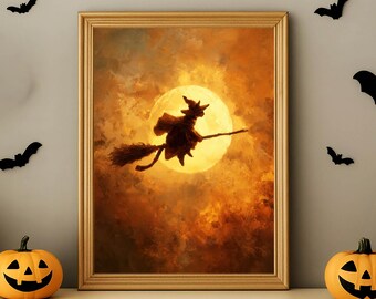 Katt, häxa, kvastskaft, silhuett, stämningsfull måne, Halloween, utskrivbar väggkonst (digital nedladdning)