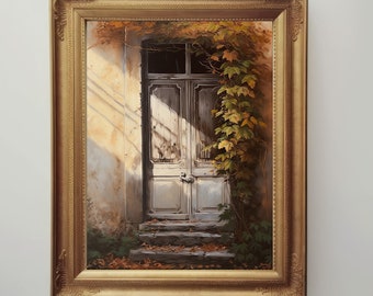 Rustic French Door Wall Art | Autumn Ivy Vintage Doorway Print | European Cottagecore Printable Art | Antique Weathered Door Painting
