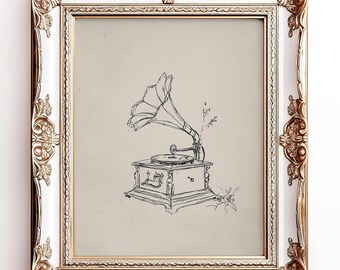 Vintage Gramophone Sketch Wall Art: Cottagecore Music Room Print, Antique Record Player Line Drawing