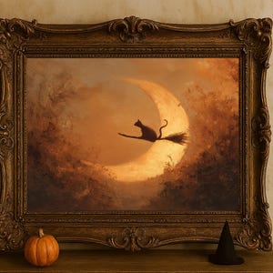 Vintage Halloween Cat Witch Print: Cozy Pumpkin Patch Landscape Wall Art (Digital Download)